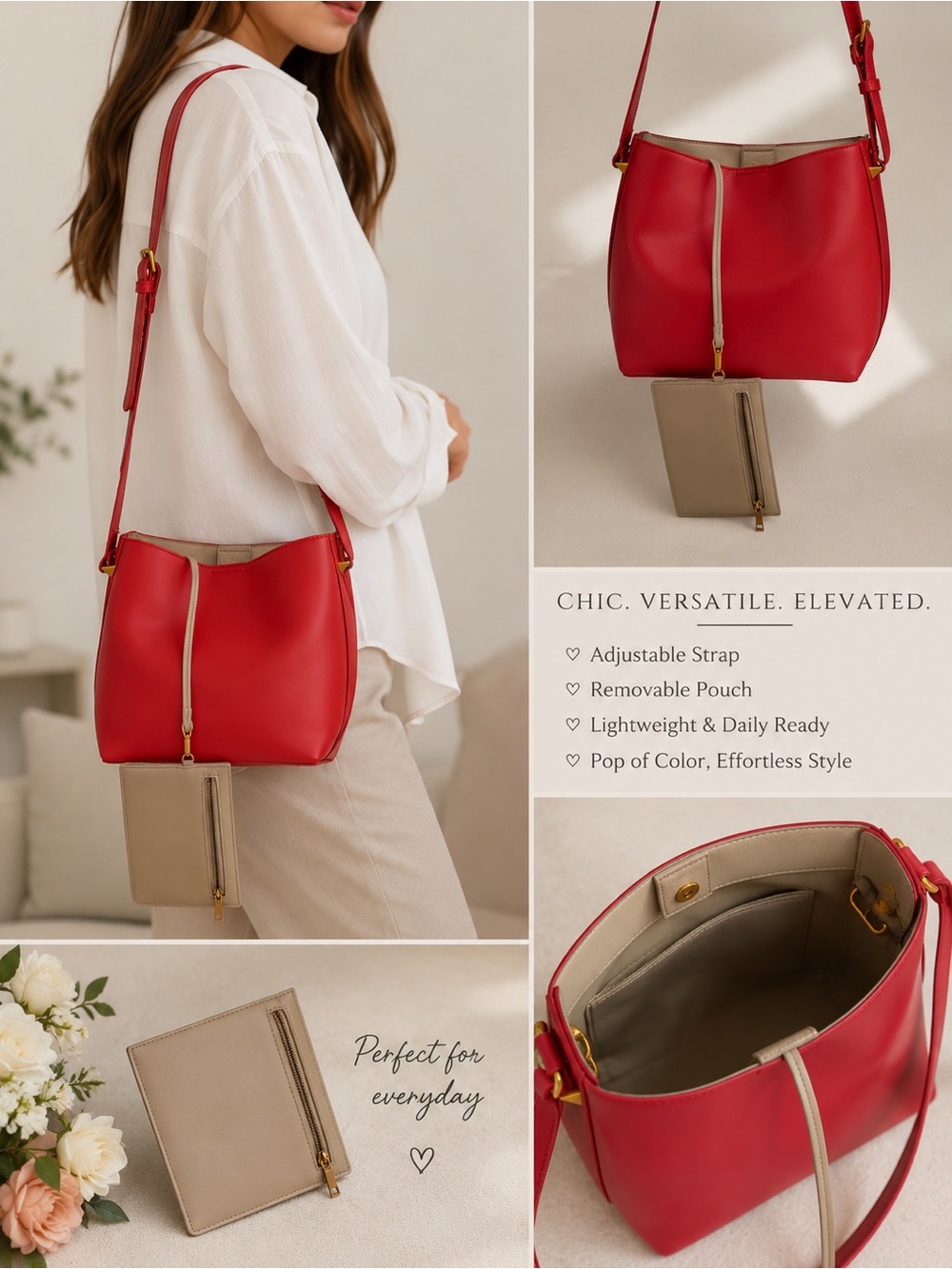 Bright Red Crossbody Bucket Bag with Removable Pouch